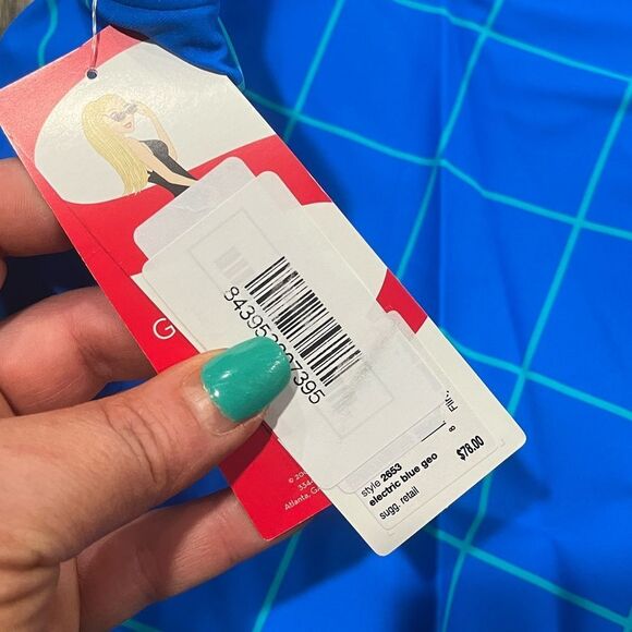 NWT Spanx Womens Flirty Skirted Swim Bikini Bottom Mid Rise Blue Geo Size 12 - Picture 4 of 8